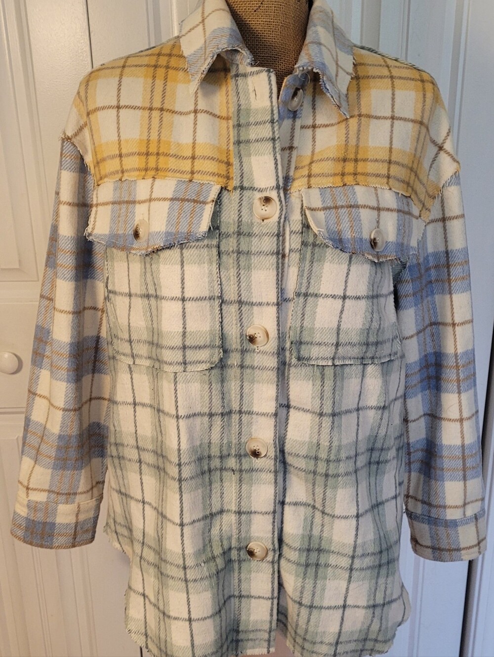 POLAGRAM Mixed Flannel Pastels Plaid Shacket/Jacket, NWOT, S🩵💛🤎💚